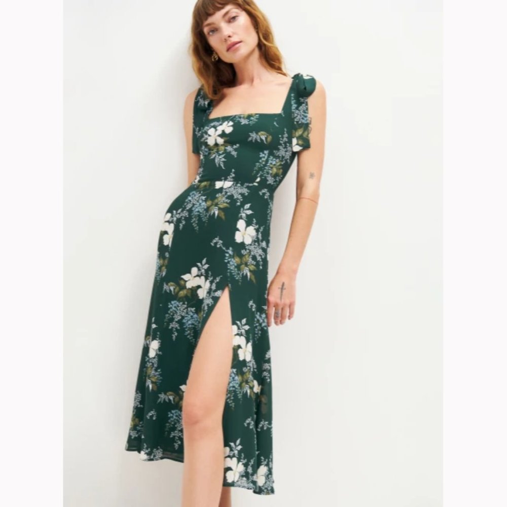 NWOT Reformation Twilight Dress in Portia Green White Floral Midi Tie Straps